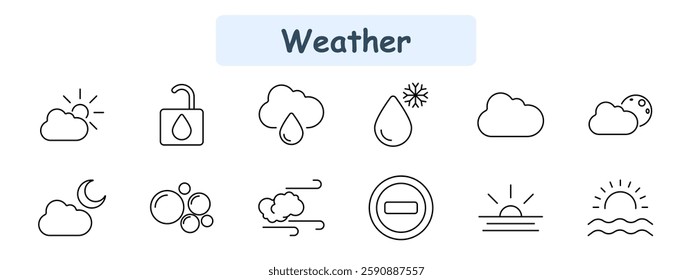 Weather set icon. Partly cloudy, water lock, rainy cloud, snowflake, fog, night sky, wind, air pollution, storm, restricted sign, sunrise, sea waves.