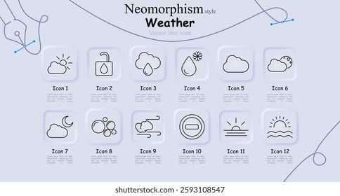 Weather set icon. Partly cloudy, humidity, rain, cold droplet, cloud, night sky, moon, bubbles, wind, stop sign, sunrise, sea waves.