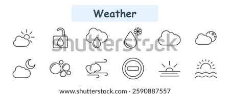 Weather set icon. Partly cloudy, water lock, rainy cloud, snowflake, fog, night sky, wind, air pollution, storm, restricted sign, sunrise, sea waves.