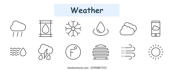 Weather set icon. Rain cloud, water filtration, snowflake, water drop, cloudy sky, weather app, humidity, storm, Fahrenheit scale, haze, wind, sun.