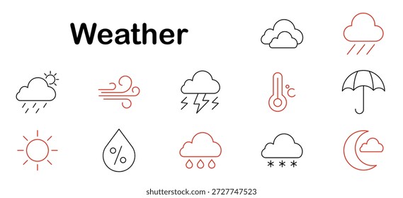Ícone de previsão do tempo. Chuva, sol, vento, neve, nuvens, raios, guarda-chuva, queda, lua, temperatura, por cento, tempestade, previsão, estação, dia, noite.