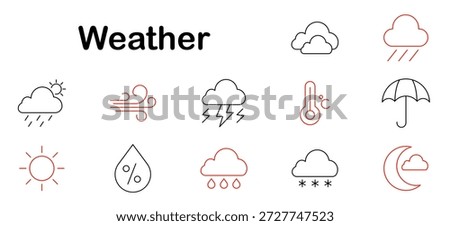 Weather set icon. Rain, sun, wind, snow, cloud, lightning, umbrella, drop, moon, temperature, percent, thunderstorm, forecast, season, day, night.