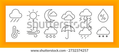 Weather set icon. Rain, sun, moon, clouds, lightning, wind, umbrella, snow, humidity, temperature, and precipitation indicators shown using minimal linear weather visuals.