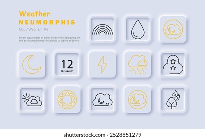 Weather set icon. Rainbow, raindrop, crescent moon, cloud, lightning, sunshine, rain, stars, storm, forecast, cloudy night, sunset