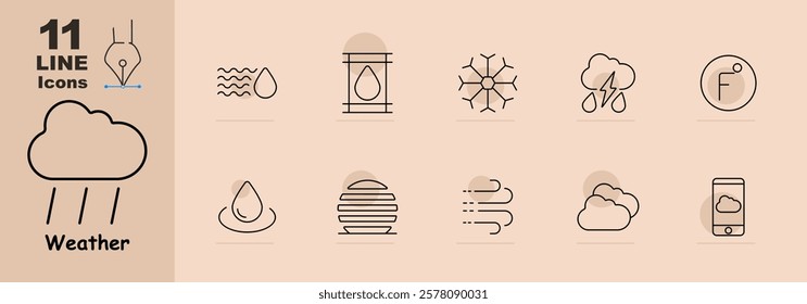 Weather set icon. Raindrops, humidity, snowflake, thunderstorm, thermometer, water droplet, fog, wind, cloudy sky, and weather app. Represents diverse weather conditions and climate tracking