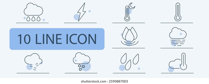Weather set icon. Rainfall, lightning, temperature measurement, night temperature, water bloom, foggy atmosphere, snowstorm, starry snowfall, humidity, climate monitoring.