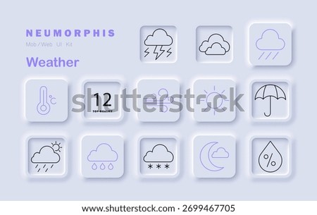 Weather set icon. Shows clouds, rain, snow, sun, wind, moon, umbrella, temperature, humidity, thunderstorm, forecast elements in soft neumorphic weather UI tiles