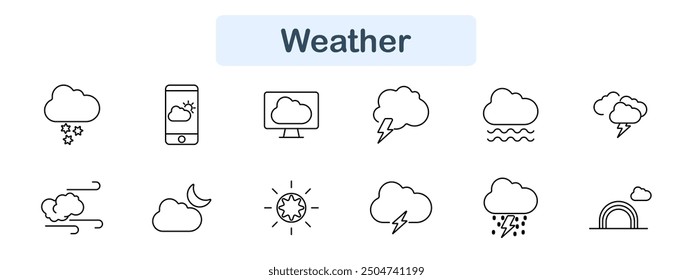 Weather set icon. Snow, cloud, smartphone, monitor, storm, lightning, flood, wind, moon, sun, rain, rainbow, forecast, climate, temperature, digital, symbol, online, data, meteorology.