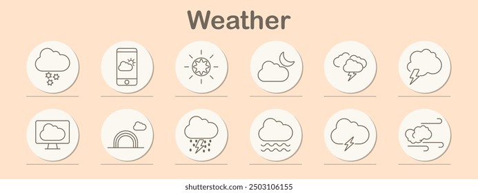 Weather set icon. Snowfall, smartphone, sun, moon, lightning, monitor, rainbow, thunderstorm, flood, wind, forecast, cloud, weather, climate, temperature, prediction, app, nature, storm, symbol