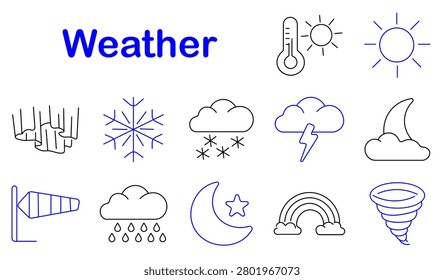 Weather set icon. Snowflake, tornado, rainbow, thundercloud, moonlight, windsock, rainy forecast, sunny climate, nighttime atmosphere, seasonal meteorology, storm warning, outdoor