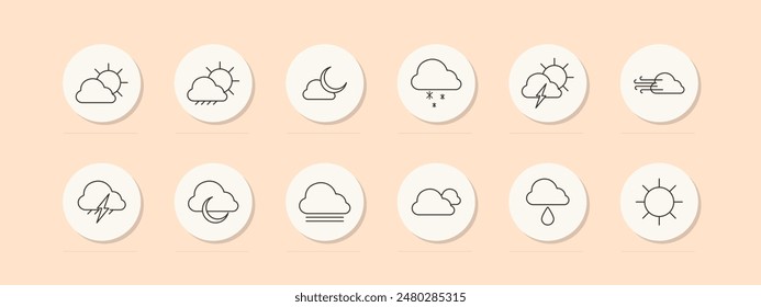 Weather set icon. Sun, cloud, rain, thunderstorm, wind, snow, fog, partly cloudy, night, temperature, forecast, meteorology. Climate condition concept. Vector line icon on peach background.