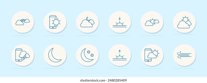 Weather set icon. Sun, cloud, rain, snow, storm, wind, moon, fog, overcast, partly cloudy, sunny, thunder. Weather conditions, forecast concept. Vector line icons on blue background.