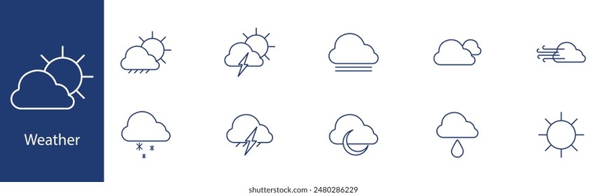 Weather set icon. Sun, cloud, lightning, rain, snow, fog, wind, moon. Forecast, meteorology, climate concept.