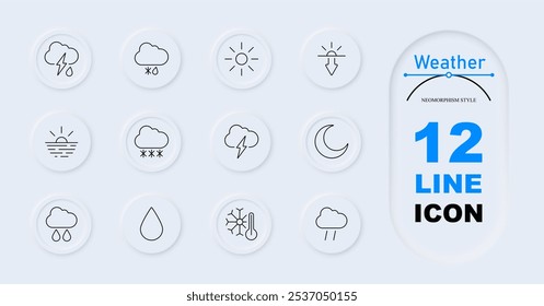 Ícone de previsão do tempo. Sol com nuvem, sol e termômetro, sol de engrenagem, lua com nuvens, relâmpago, chuva forte, três gotas de chuva, floco de neve, nascer do sol, neve com nuvens, trovoada. Previsão do tempo