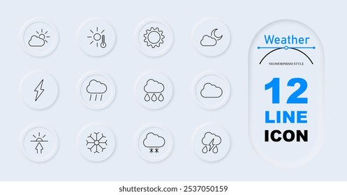 Ícone de previsão do tempo. Sol com nuvem, sol e termômetro, sol de engrenagem, lua com nuvens, relâmpago, chuva forte, três gotas de chuva, floco de neve, nascer do sol, neve com nuvens, trovoada. Previsão do tempo