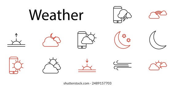 Weather set icon. Sun, clouds, rain, storm, moon, wind, sunrise, sunset, temperature, forecast, climate, meteorology, weather app, conditions, atmosphere, sky, prediction, mobile, application, season.