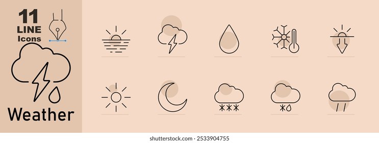 Weather set icon. Sunrise, thundercloud, raindrop, snowflake with thermometer, sun below horizon, sun, crescent moon, snow cloud, fog cloud, rainy cloud.
