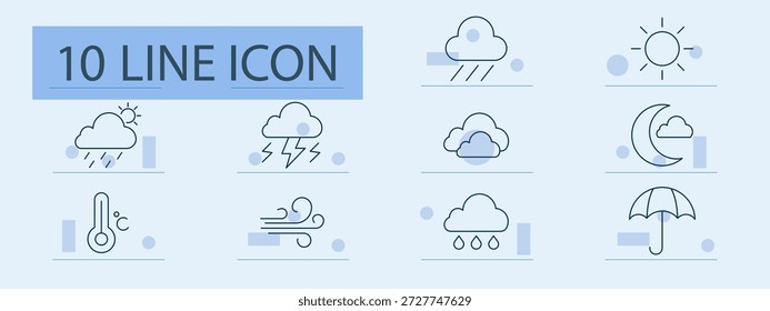 Icono de conjunto de Climas. Iconos de línea delgada que representan lluvia, tormenta, nube, sol, luna, paraguas, viento, temperatura, llovizna, intervalo soleado, condición atmosférica, precipitación