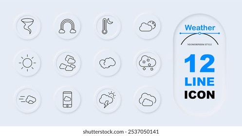 Ícone de previsão do tempo. Tornado, arco-íris, termômetro de lua, nuvens, sol brilhante, aglomerado de nuvens, nuvens quadradas, nuvem em movimento rápido, aplicativo meteorológico, tempestade com sol, nuvens de duas camadas. Meteorologia