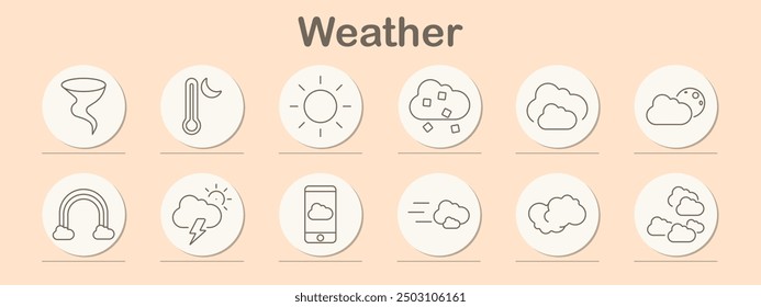 Weather set icon. Tornado, thermometer, sun, snow, cloud, moon, rainbow, lightning, smartphone, wind, storm, forecast, temperature, climate, weather, conditions, prediction, app, symbol, sky, nature.