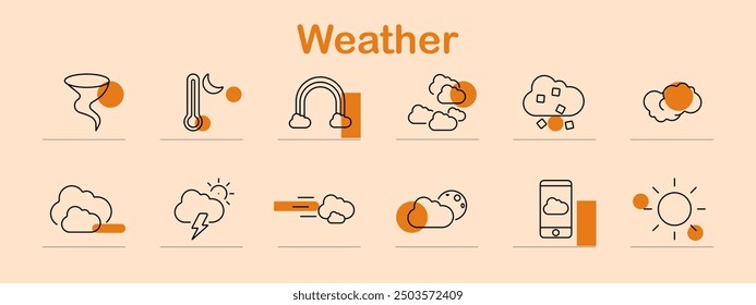 Weather set icon. Tornado, thermometer, rainbow, cloud, lightning, wind, sun, temperature, storm, weather forecast, precipitation, meteorology, climate, nature, environment.