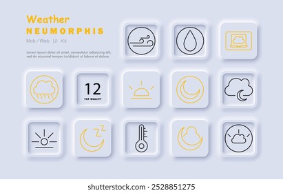 Icono de conjunto de Climas. Viento, gotita, lluvia, amanecer, noche, luna, temperatura, nube, pronóstico, media luna, Clima Actualizar, luna durmiente