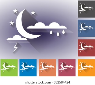 Weather set of icons in a flat style. Storm. Rain clouds and lightning. Multicolored icons for weather forecasting.