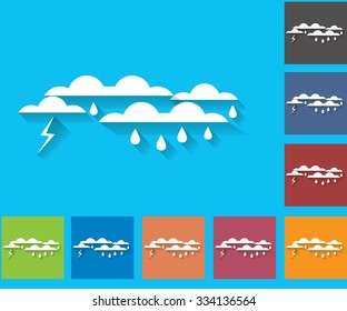 Weather set of icons in a flat style. Storm. Rain clouds and lightning. Multicolored icons for weather forecasting.