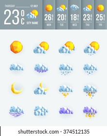 Weather set icons low poly. Geometric set weather icon for your design. Thin low poly icon. Weather forecast, meteorology.