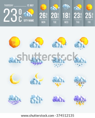 Weather set icons low poly. Geometric set weather icon for your design. Thin low poly icon. Weather forecast, meteorology.