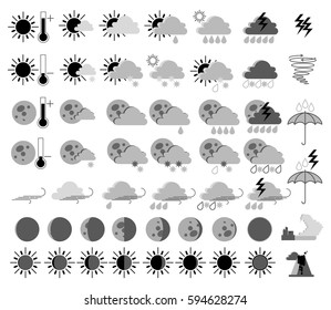 Weather set of icons. Rain and thunderstorms, sunny, tornado, tsunami, volcanic eruption. Vector