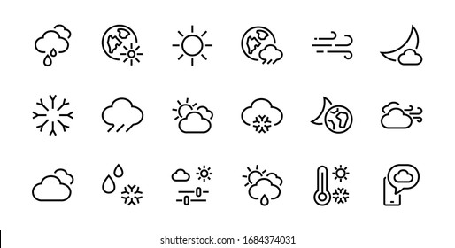 Juego de íconos WEATHER, íconos como pronóstico del tiempo y nubes, viento, lluvia, nieve, ambientes meteorológicos y clima soleado y mucho más. Trazo editable, líneas vectoriales simples.