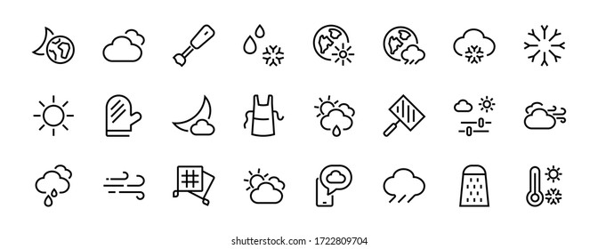 WEATHER set of icons, icons such as weather forecast and clouds, wind, rain, snow, weather settings and sunny weather and much more. Editable stroke, simple vector lines.