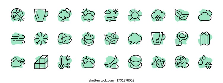 WEATHER set of icons, icons such as weather forecast and clouds, wind, rain, snow, weather settings and sunny weather and much more. Editable stroke, simple vector lines.