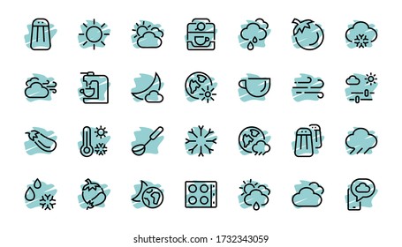 WEATHER set of icons, icons such as weather forecast and clouds, wind, rain, snow, weather settings and sunny weather and much more. Editable stroke, simple vector lines.