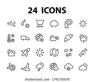 WEATHER set of icons, icons such as weather forecast and clouds, wind, rain, snow, weather settings and sunny weather and much more. Editable stroke, simple vector lines.