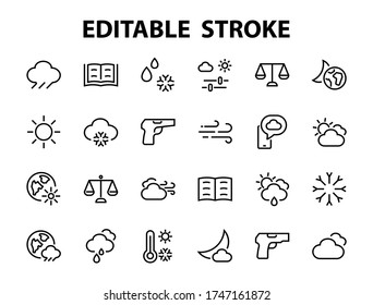 WEATHER set of icons, icons such as weather forecast and clouds, wind, rain, snow, weather settings and sunny weather and much more. Editable stroke, simple vector lines.