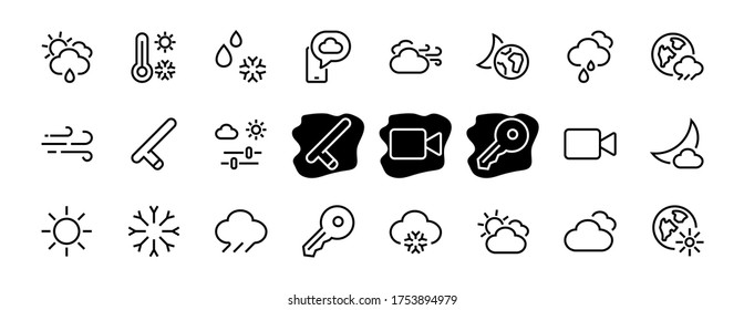 Juego de íconos WEATHER, íconos como pronóstico del tiempo y nubes, viento, lluvia, nieve, ambientes meteorológicos y clima soleado y mucho más. Trazo editable, líneas vectoriales simples.
