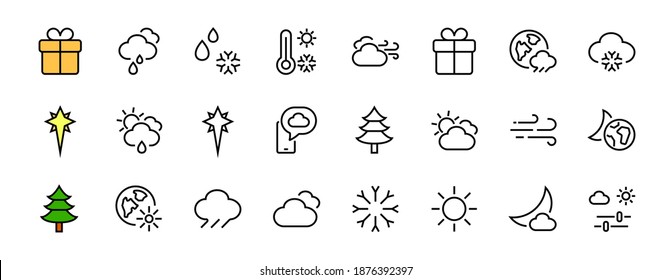 Juego de íconos WEATHER, íconos como pronóstico del tiempo y nubes, viento, lluvia, nieve, ambientes meteorológicos y clima soleado y mucho más. Trazo editable, líneas vectoriales simples.