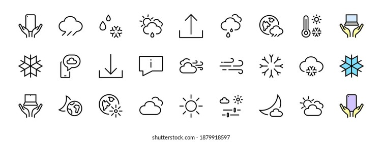 Juego de íconos WEATHER, íconos como pronóstico del tiempo y nubes, viento, lluvia, nieve, ambientes meteorológicos y clima soleado y mucho más. Trazo editable, líneas vectoriales simples.