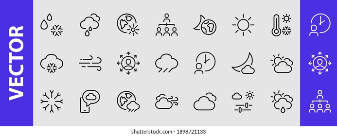 WEATHER set of icons, icons such as weather forecast and clouds, wind, rain, snow, weather settings and sunny weather and much more. Editable stroke, simple vector lines.