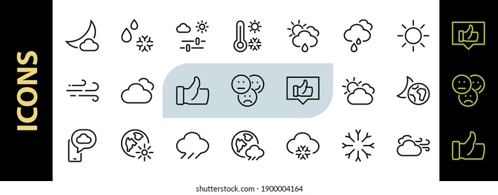 WEATHER set of icons, icons such as weather forecast and clouds, wind, rain, snow, weather settings and sunny weather and much more. Editable stroke, simple vector lines.