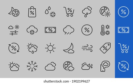 Juego de íconos WEATHER, íconos como pronóstico del tiempo y nubes, viento, lluvia, nieve, ambientes meteorológicos y clima soleado y mucho más. Trazo editable, líneas vectoriales simples.