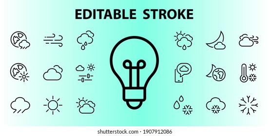 WEATHER set of icons, icons such as weather forecast and clouds, wind, rain, snow, weather settings and sunny weather and much more. Editable stroke, simple vector lines.