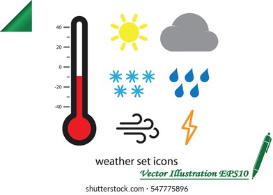 weather set icons vector EPS 10, abstract signs thermometer, cloud, sun, rain, wind, snow flat design,  illustration modern isolated badge for website or app - stock info graphics.