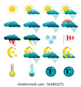 Weather set icons vector EPS 10, abstract signs thermometer, cloud, sun, rain, wind, snow flat design. 