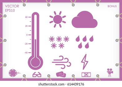 weather set icons vector EPS 10, abstract signs thermometer, cloud, sun, rain, wind, snow flat design,  illustration modern isolated badge for website or app - stock info graphics