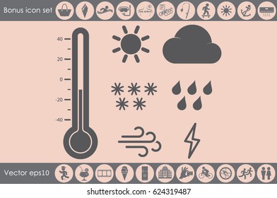 weather set icons vector EPS 10, abstract signs thermometer, cloud, sun, rain, wind, snow flat design,  illustration modern isolated badge for website or app - stock info graphics