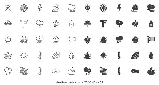 Weather set, line and glyph version, outline and filled vector sign. Forecast linear and full pictogram. Symbol, logo illustration. Different style set include icons as temperature thermometer, sun