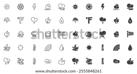 Weather set, line and glyph version, outline and filled vector sign. Forecast linear and full pictogram. Symbol, logo illustration. Different style set include icons as temperature thermometer, sun